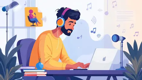 Indian writer using laptop headphones sound waves books microphones creating audio content