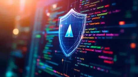 Computer screen software code digital shield alert symbol cybersecurity risk management